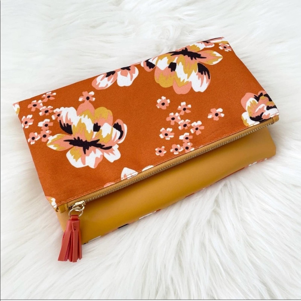 Rachel Pally Orange Floral Fold-Over Clutch with Mustard Base